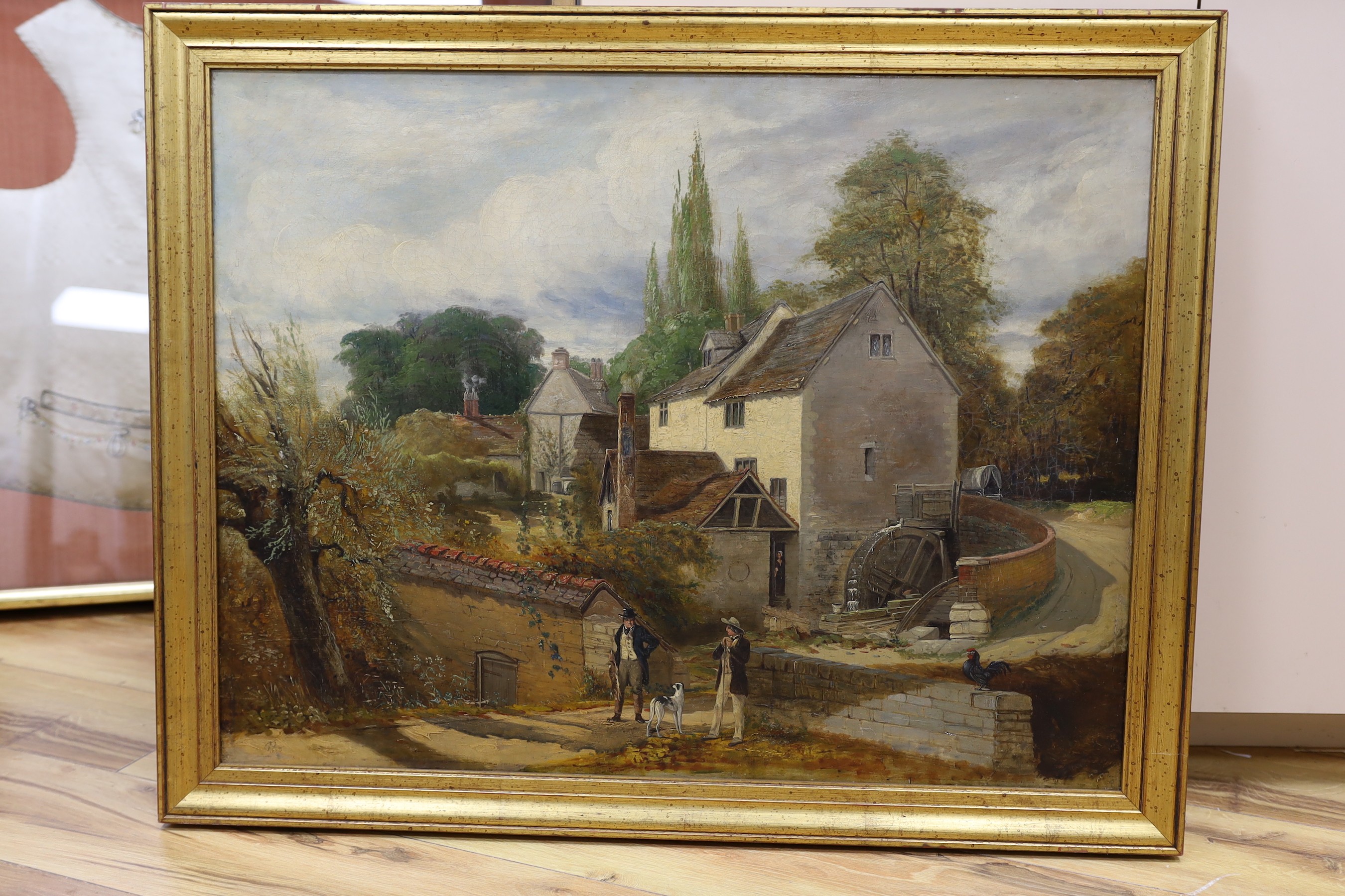 Victorian School, oil on canvas, Gentlemen beside a watermill, 58 x 75cm